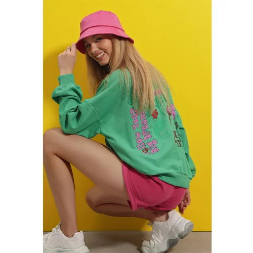 Trend Alaçatı Stili Women's Green Crew Neck Printed Sweatshirt