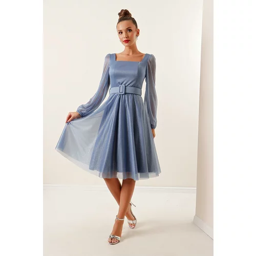 By Saygı Square Collar Belted Balloon Sleeve Lined Glitter Dress