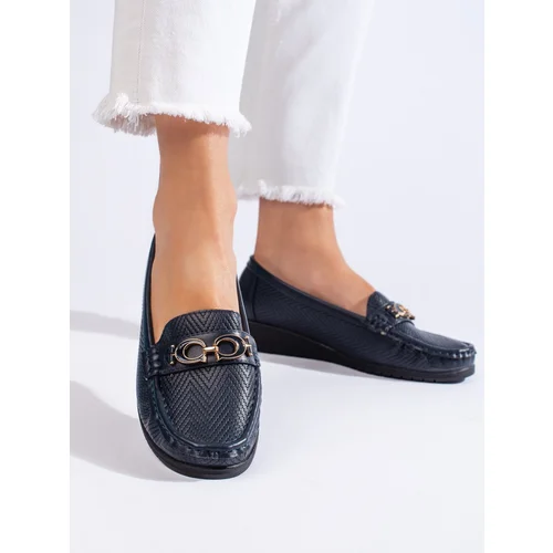 Shelvt Navy blue women's low-heeled loafers