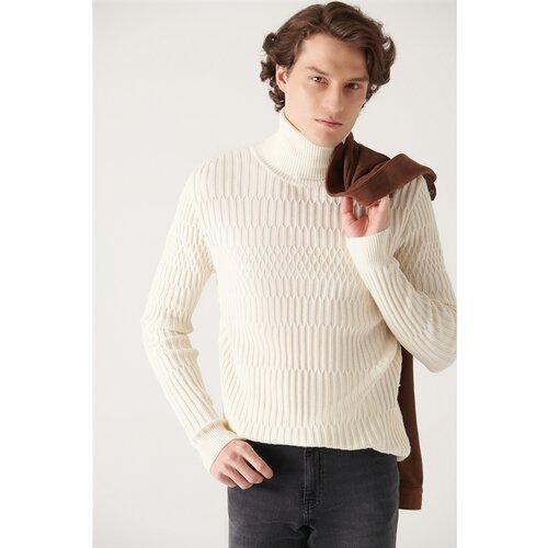 Avva Men's Ecru Full Turtleneck Knit Detailed Cotton Slim Fit Slim Fit Knitwear Sweater Slike