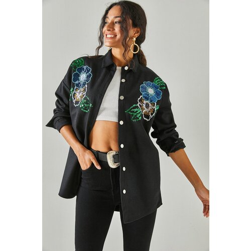 Olalook Women&amp;#039;s Floral Black Stamp Sequin Detail Oversize Cachet Shirt Slike