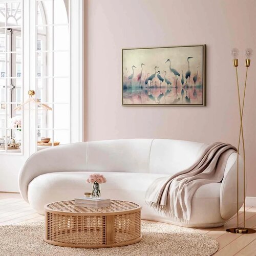  Slika - Birds by the lake - herons painted in watercolour in delicate grey and pink colours 90x60 U prirodnom drvenom okviru Slike