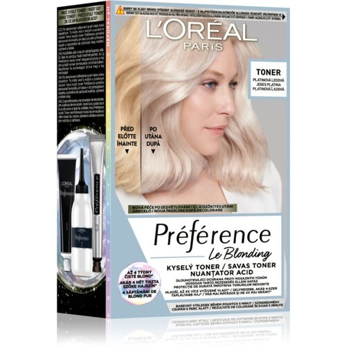 L&amp;acute;Or&amp;eacute;al Paris Pr&amp;eacute;f&amp;eacute;rence Le Blonding Toner boja za kosu s kiselinama za neutralizaciju bakrenih podtonova nijansa 01 Platinum Ice 1 kom Slike