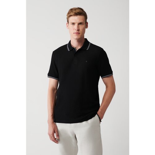 Avva Men's Black 100% Cotton Jacquard Standard Fit Normal Cut 2 Buttons Polo Neck T-shirt Slike