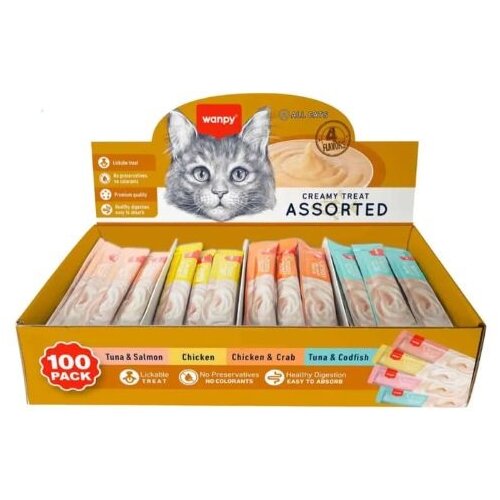 WANPY Cat Creamy Lickable Treats for Cats - Chicken, Tuna, Salmon, Crab 100x14g Cene