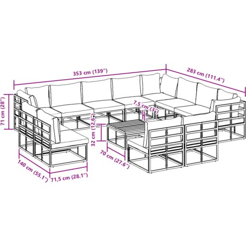 VidaXL Vrtna sedežna garnitura 13 pcs Črna 70 x 70 x 32 cm Aluminij Slike