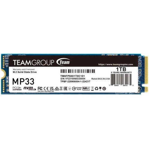 Teamgroup SSD M.2 NVMe, 1TB, MP33, Gen3x4, 1800MBs, 1500MBs, TM8FP6001T0C101 Slike
