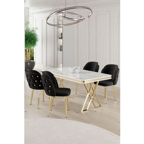 Hanah home Rigel - White, Gold, Black WhiteGoldBlack Dining Table & Chairs Set (5 Pieces) Cene