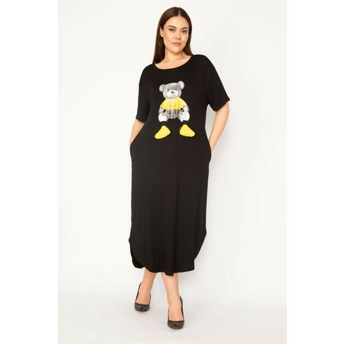 Şans women's large size black digital print and applique dress Slike