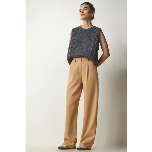 Happiness İstanbul Women's Biscuit Pleated Woven Trousers