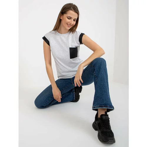 Fashion Hunters Light grey melange cotton t-shirt with pocket