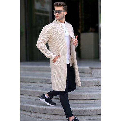 Madmext Stone Color Stand Up Collar Pocket Long Knitwear Cardigan 6816 Slike