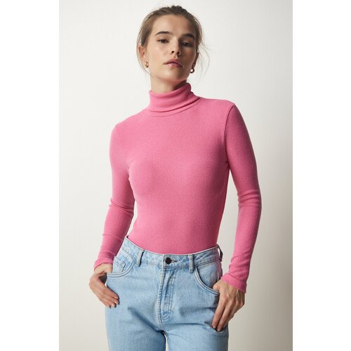  Women&amp;#039;s Pink Turtleneck Ribbed Knitted Blouse Slike