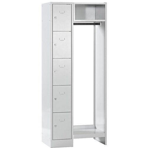 Wolf Garderobni sistem s predelki za zaklepanje, 5 predelkov levo, 5 obešalnikov za obleke, skupna širina 750 mm, širina predelka 298 mm, svetlo siva Cene