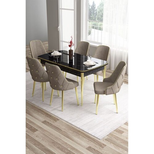 Hanah home trpezarijski set Tia, sto i 6 stolica, ploča u dekoru crnog mermera, zlatne noge, kapućino tkanina Babyface Cene