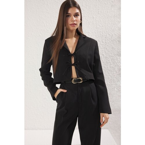 Trendyol Black Tie Detail Lined Crop Blazer Jacket Slike