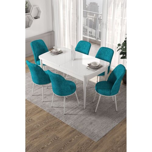 Hanah home trpezarijski set Via, sto na razvlačenje i 6 stolica, bela ploča, tirkizna tkanina Jerry Cene