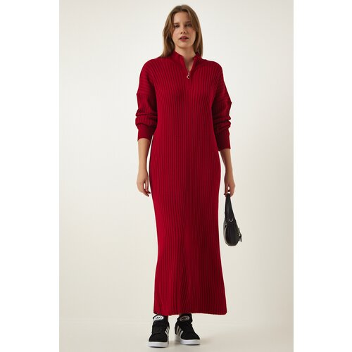 Women's Red Zipper Collar Ribbed Long Knitwear Dress Slike