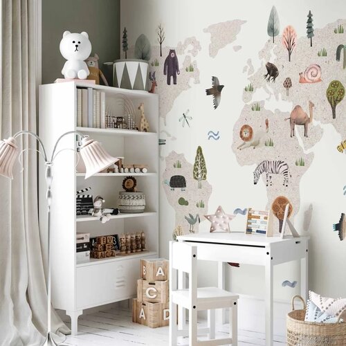  Foto tapeta - Beige World - Continents With Animals in Muted Colours 98x70 Samoljepljiva Slike