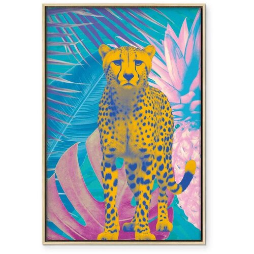  Slika - Exotic Leopard - Colorful Portrait of a Cheetah Against Tropical Leaves 80x120 U prirodnom drvenom okviru Slike
