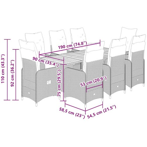  9-dijelni vrtni bistro set od poliratana s jastucima sivi Siva 190 x 80 x 75 cm Slike