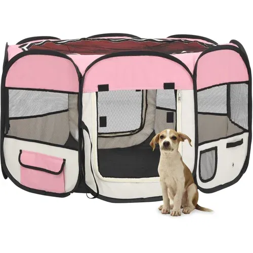 vidaXL Sklopiva ogradica za pse s torbom za nošenje roza 110x110x58 cm