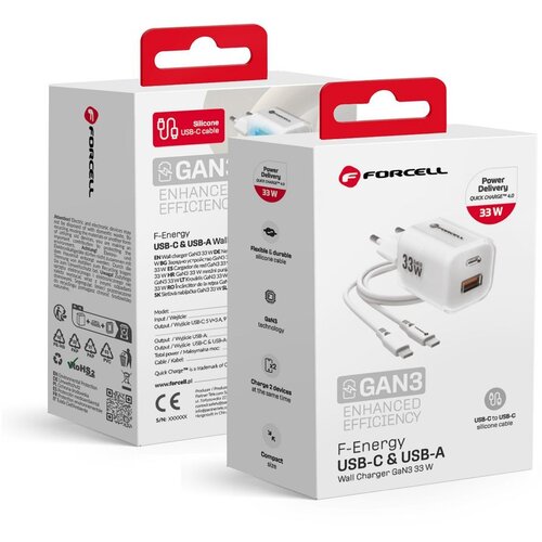 forcell f-energy crystal color gan III VT-41 putni punjač sa silikonskim kablom sa 1 x type c + 1x usb a utičnicama. pd QC4.0 33W beli Cene