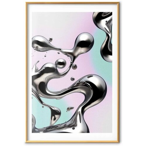  Plakat Metallic Fluidity - abstract silver forms on a mint-purple background 40x60 Zlatni okvir s margom Cene