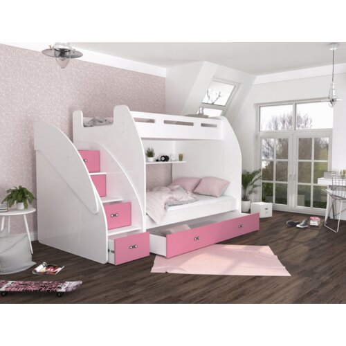 Drveni dečiji krevet na sprat zuzia sa fiokama 200*120 cm - roze Slike