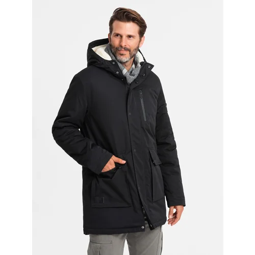 Ombre Męska długa kurtka parka sherpa – black