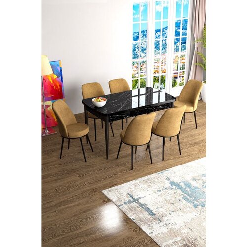 Hanah home Han - Black Marble, Cappuccino Black MarbleCappuccino Extendable Dining Table & Chairs Set (7 Pieces) Cene