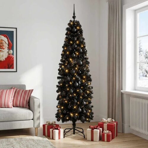  Umjetno usko božićno drvce s kuglicom 180 cm 300 LED lampica - 180 cm s LED-ima i crnim lopticama Cijene