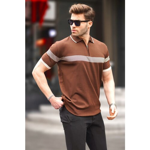 Madmext Brown Zipper Detailed Polo Collar Men's T-Shirt 6879 Slike