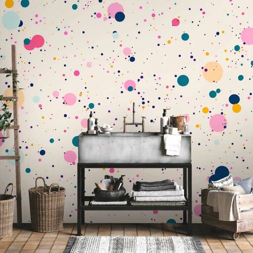  Foto tapeta - Dots Speckles and Splatters Multicolored Cheerful Pattern on a Light Pink Background 100x70 Vodootporna Slike