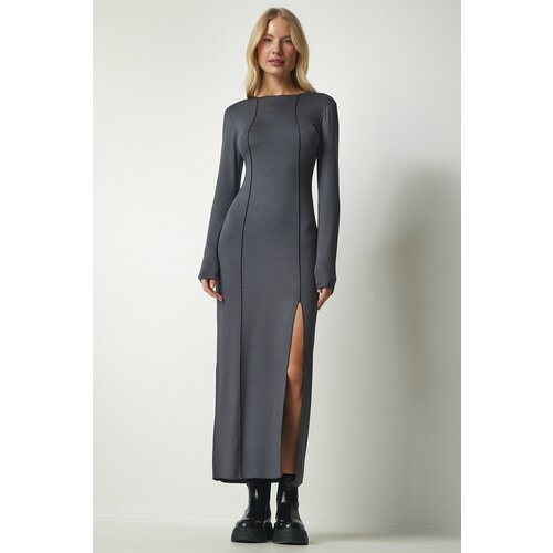 Happiness İstanbul Women's Anthracite Viscose Long Viscose Dress with Slit and Stitching Slike