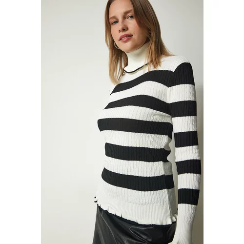Happiness İstanbul Women's Ecru Black Turtleneck Ruffle Striped Knitwear Sweater