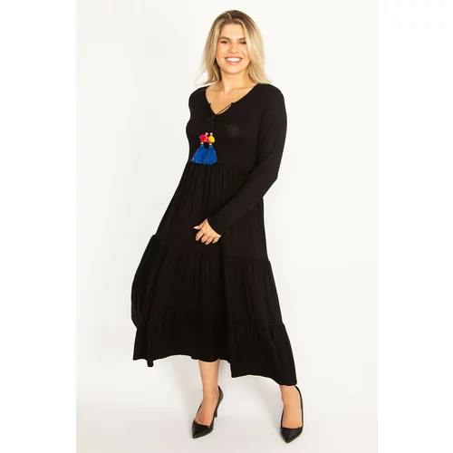 Şans Women's Plus Size Sax Neck Detailed Long Sleeve Layered Dress