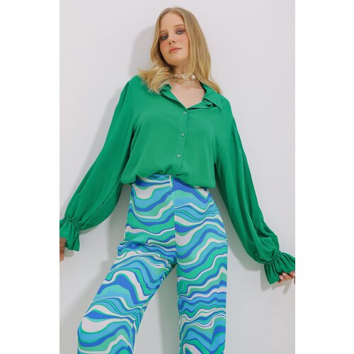 Trend Alaçatı Stili Women's Green Flounce Sleeve Viscon Woven Shirt Slike
