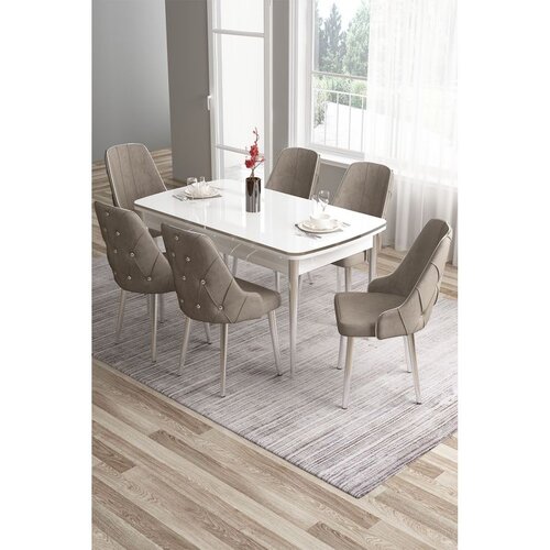 Hanah home trpezarijski set Tia, sto i 6 stolica, bela ploča, hromirane noge, kapućino tkanina Babyface Cene