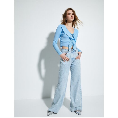 Koton Crop Knitwear Cardigan Frilly V Neck Tie Detail Slike