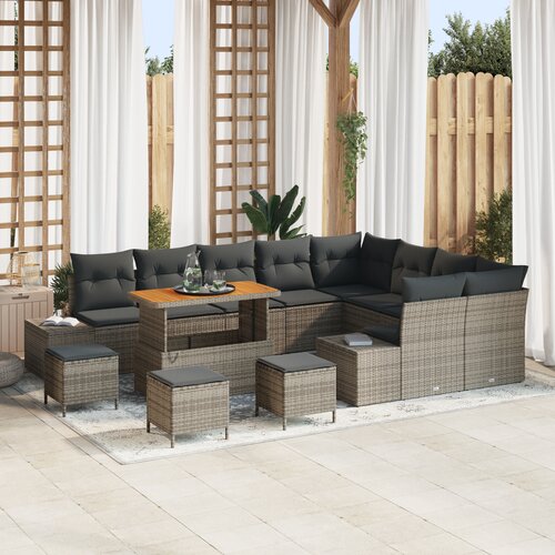 vidaXL 13-dijelni vrtni set sofe s jastučićima sivi poli rattan akacija, 4-dijelni vrtni set za objedovanje s jastučićima sivi poli rattan akacija, 2-sjedna vrtna sofa s jastučićima siva poli rattan Cene