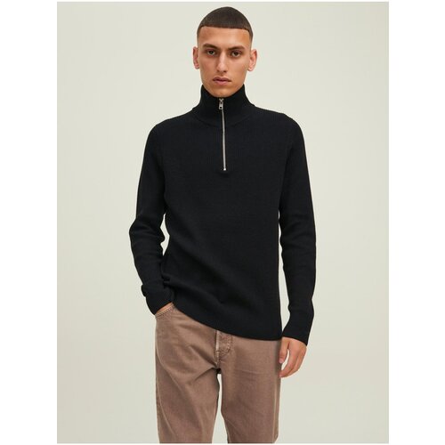 Jack &amp;amp; Jones Men&amp;#039;s Black Ribbed Sweater with Zipper Perfect - Men Slike