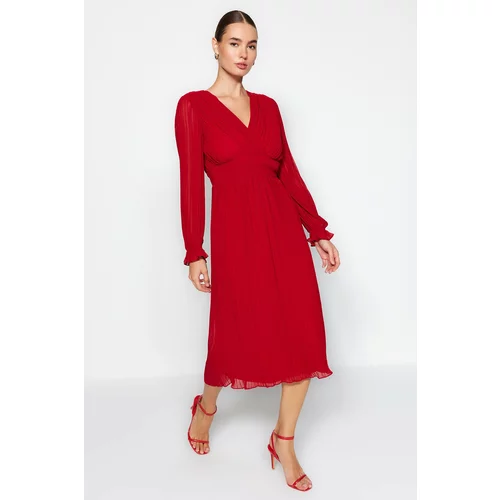 Trendyol Red Pleated Lined Chiffon Woven Dress