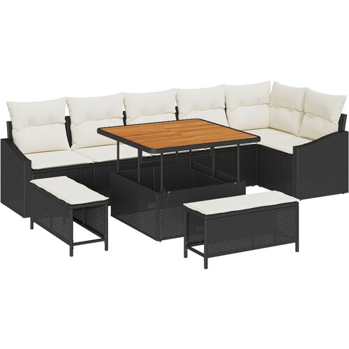 vidaXL 9-delni set vrtne sedežne garniture z blazinami črna poli ratan akacija, 2-sedežna vrtna sedežna garnitura z shrambo in blazinami črna poli ratan, 3-delni set vrtne jedilne garniture z blazinami črna poli ratan akacija Cene