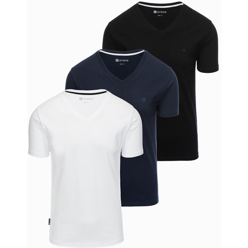Ombre Set of shirts with V neckline and elastane and subtle logo 3-pack Slike
