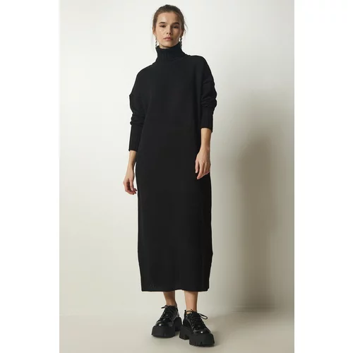Happiness İstanbul Women's Black Turtleneck Slit Oversize Knitwear Dress