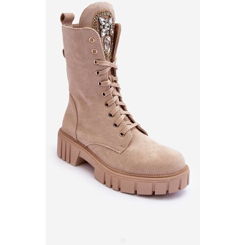 Kesi Beige Marx Suede Work Ankle Boots with Jewelry Decoration Cene