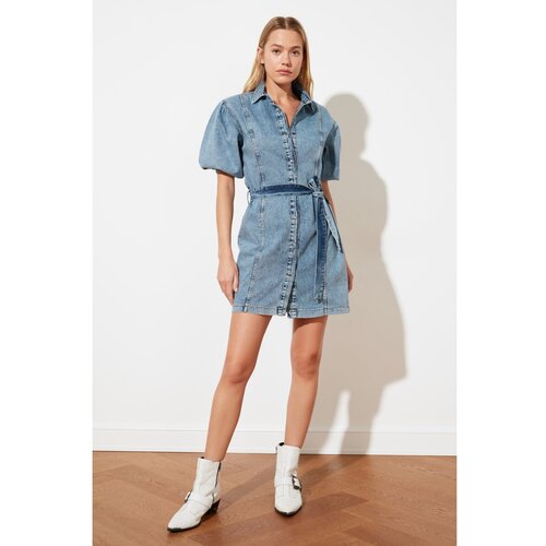 Trendyol Blue Belted Elastic Sleeve Denim Dress Slike