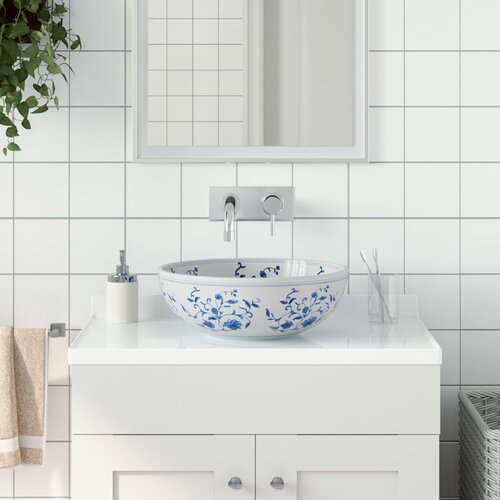 VidaXL Nadpultni umivalnik bel in moder okrogel &amp;Phi;41x14 cm keramika Slike