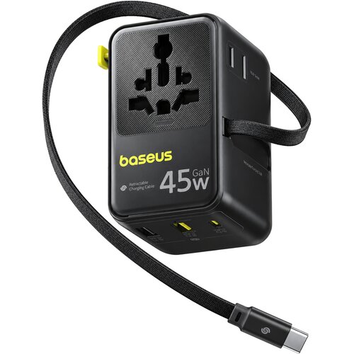 Baseus PicoGo AG11 univerzalni potovalni polnilec 6v1 z vgrajenim USB-C kablom 45W črne barve Slike